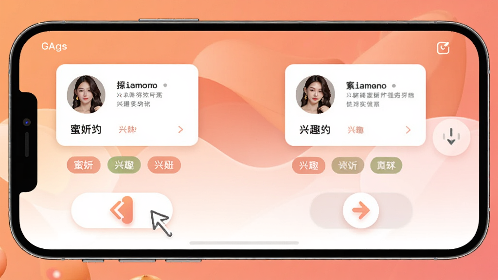 ����Ӧ���������罻ƥ����棬�ֻ���Ļ��ʾ�û���Ƭ����Ȥ��ǩ�����һ�������ʾ�⣬����Ϊ��ů�ĳȷ�ɫ��������Ԫ������������ִ���Լ�����ʸɾ�������