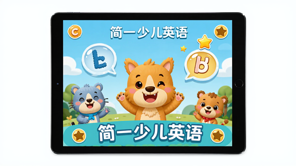 简一少儿英语趣味互动课程界面展示,主体是平板电脑屏幕上的卡通互动游戏画面,布局为居中展示设备,排版简洁,风格为明亮活泼的儿童教育风,细节包括字母气泡、星星奖励和卡通动物角色,画中文字