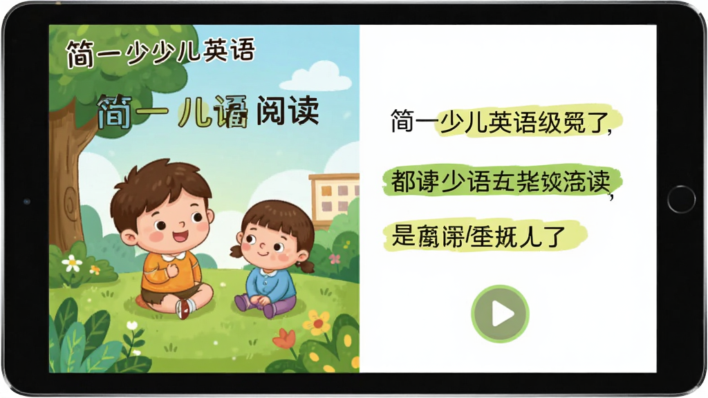 简一少儿英语分级阅读界面,主体是平板电脑上显示的电子绘本页面,布局为左右分栏左边插图右边文字,排版清晰,风格为清新卡通的儿童绘本风,细节包括彩色插图、高亮句子和播放按钮,画中文字