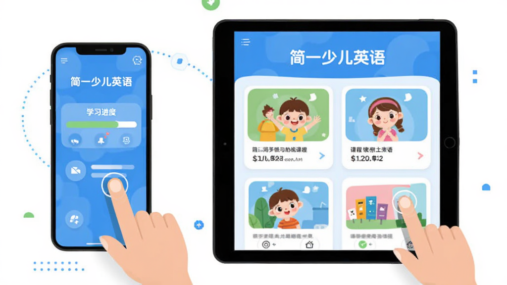 简一少儿英语移动端使用操作示意图,主体是手机和平板设备并排展示,布局为横向排列,排版简洁明了,风格为扁平化科技风,细节包括手指点击屏幕、学习进度条和课程卡片,画中文字