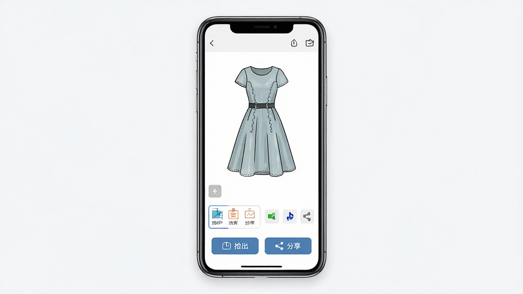 һ��չʾ��װ���������Ʒ������������ܵ�ͼƬ��������һ���ֻ�����Ļ����ʾһ�������ɵ�����ȹЧ��ͼ���·��е����ͷ�����ť������Ϊ�ֻ����С���ť�ڵײ����Ű��࣬���Ϊ��ƽ����Ʒ��ϸ�ڰ���������ʽѡ��ͷ���ƽ̨ͼ�꣬���ʸ��壬����ɾ����޶���Ԫ�ء�