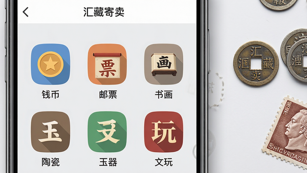 ��ؼ�����Ʒ�������ͼ������չʾ�ֻ���Ļ�л�ؼ���APP�ķ���ҳ�棬��Ļ�������ɼ�Ǯ�ҡ���Ʊ���黭���մɡ�����������ȷ���ͼ���������У�����Ϊǳ��ɫ��ͼ����ò�ɫ��ƽ����ƣ������Ҳ��׺��ö��Ǯ�Һ���Ʊͼ����������ɾ���ˬ�����廭�ʣ��޶���Ԫ��