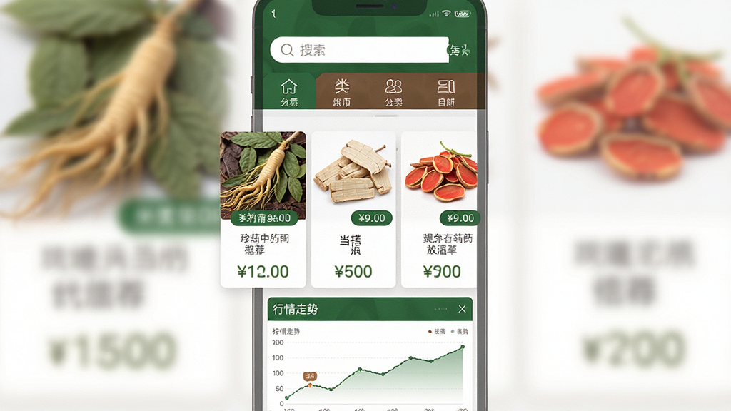 һ��չʾ��ҩ�Ľ���ƽ̨���ֻ�Ӧ�ý����ͼ��������������ҩ��APP����ҳ���Ϸ���������ͷ���ͼ�꣬�м���ҩ���Ƽ��б��������˲Ρ����顢��轵�ҩ��ͼƬ�ͼ۸���Ϣ���·�����������Сͼ�������岼��������������ɫ����ɫΪ��ɫ�������������ϸ�ڰ���ҩ�ĵĸ���ͼƬ�����ּ۸��ǩ�������������ɾ����޶���Ԫ��