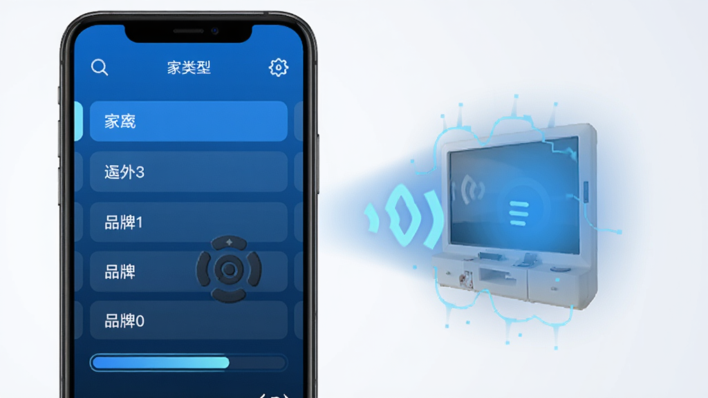 红外遥控+智能软件的智能匹配界面截图,画面展示手机屏幕上显示着家电类型选择和品牌列表,旁边有自动匹配的动画效果,风格为科技蓝配色,细节包括搜索图标、品牌名称、匹配进度条,画质清晰,干净整洁,无多余元素