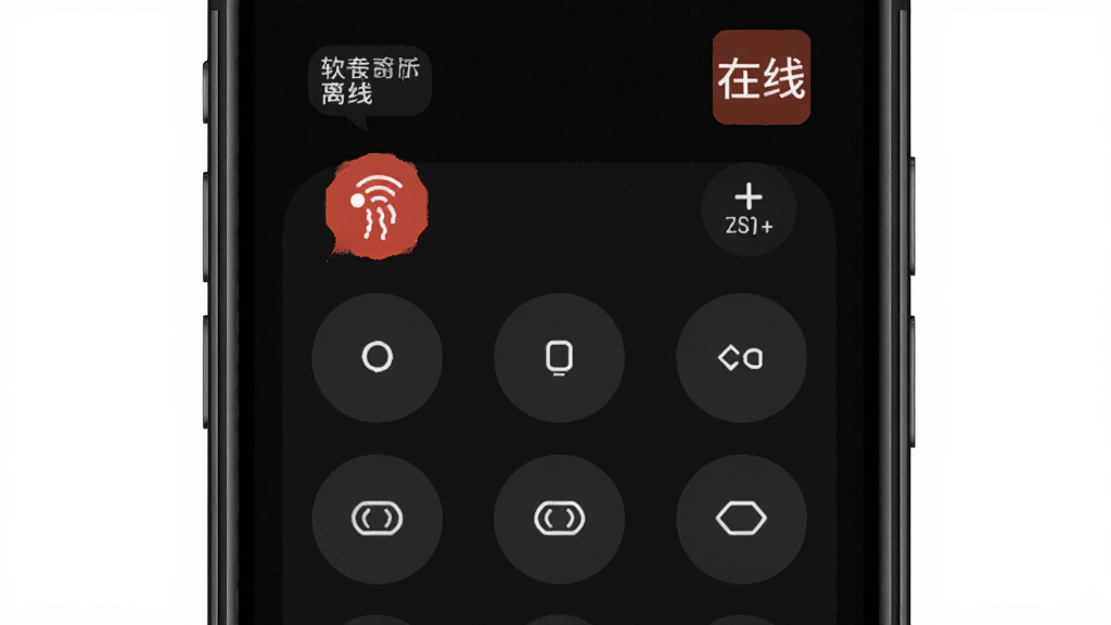 红外遥控+智能软件的离线使用界面截图,画面展示手机屏幕上显示着遥控按钮和离线标识,背景为深色模式,风格为极简科技风,细节包括红外发射图标、离线状态提示,画质清晰,干净整洁,无多余元素