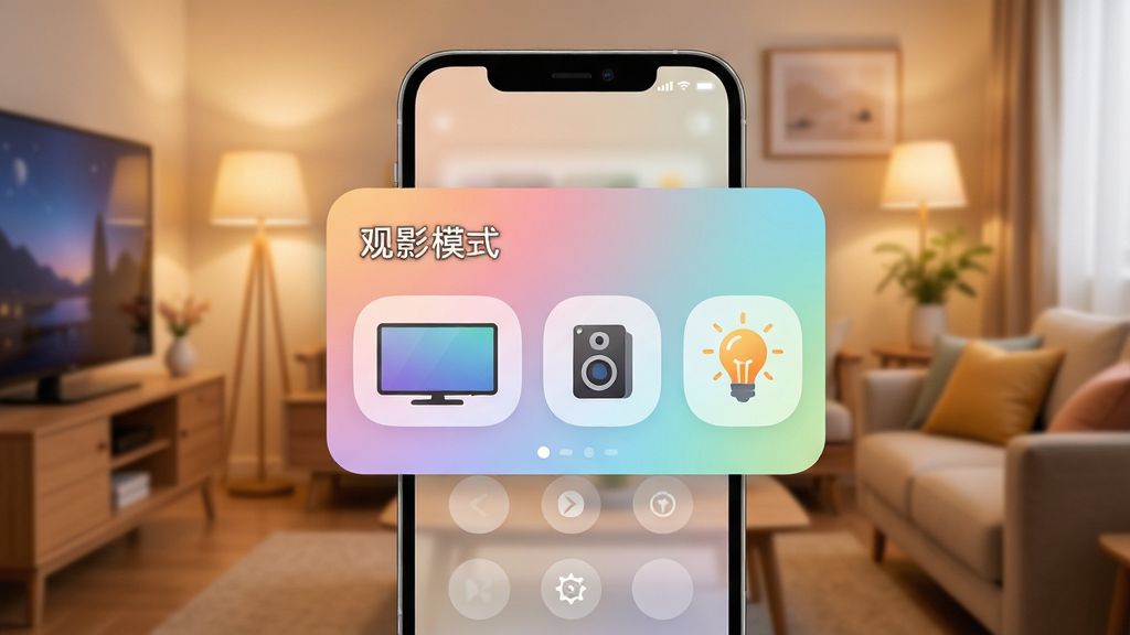���ܼҵ�ң��������ģʽ���棬�������ֻ���Ļ��ʾ����Ӱģʽ����Ƭ����Ƭ���е��ӡ����졢�ƹ�ͼ�꣬��������ܰ�����������������ֻ��ͳ�����Ƭ�����־��У��Ű濨Ƭʽ��ƣ����Ϊ��ܰ���ܼҾӷ��ϸ�ڰ�����͵Ľ���ɫ�ʺ�Բ��ͼ�꣬�����������ɾ����޶���Ԫ��