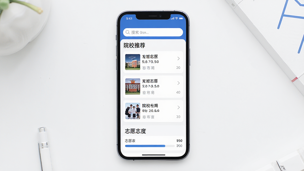 һ���ֻ���Ļչʾ�߿�־Ը�APP���棬��ɫ��Ϊ��ɫ�Ͱ�ɫ��ҳ���Ϸ����������м���ԺУ�Ƽ��б����·���־Ը���������������ɾ����࣬����ִ���Լ�������������޶���Ԫ��