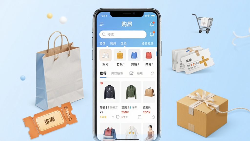 һ��չʾ����App�ƶ��˽�����ֻ�����ͼ�������������һ�����������ֻ�����Ļ��չʾ����������ҳ����������������Ʒ����ͼ����Ƽ���Ʒ�б����ֻ���Χɢ���Ź�������Ż�ȯ�Ͱ���Ԫ�أ�����Ϊǳ��ɫ���䣬����������������������������ϸ�������ɼ������ʸ��壬�ɾ��޶���Ԫ�أ������д��С�����������