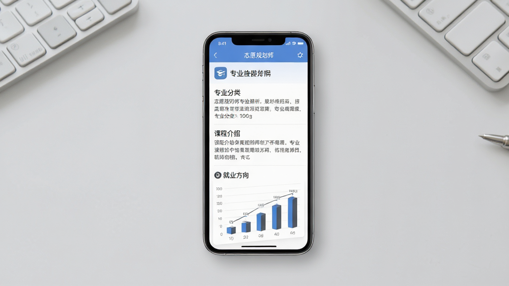 志愿规划师专业解析功能展示图,画面中央一部手机竖屏展示,屏幕中显示专业分类列表与专业详情页,包含课程介绍和就业方向图表,背景为浅灰色桌面,布局居中,风格素雅极简,细节上突出专业图标和文字排版,画质清晰,干净,无多余元素