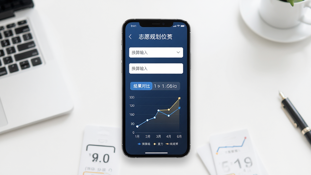 志愿规划师分数线位次换算工具展示图,画面中央一部手机屏幕中显示换算输入框与结果对比图表,背景为简洁的白色桌面,布局居中对称,风格简约商务,细节上突出数字和折线图,画质清晰,干净,无多余元素