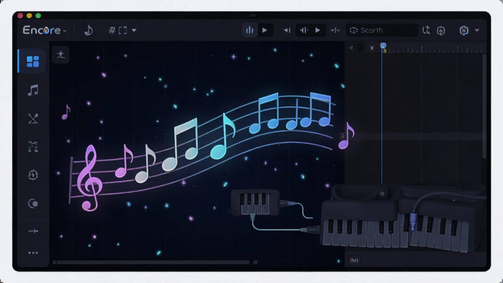 AI��ͼ������ΪEncore�����е���������¼�빦�ܽ��棬����Ϊ��Ļ������ʾ�����������������ף��Ű�Ϊ��๤�����Ҳ�༭�������Ϊ�Ƽ���������������ϣ�ϸ�ڰ������������ͼ����MIDI���������ߣ����ʸ��壬�ɾ����޶���Ԫ��