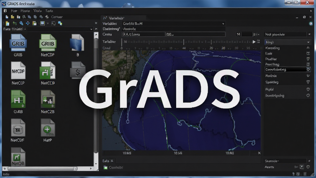 ��������ΪGrADS�������ڶ�ȡ���ʽ���������ļ��Ľ��棬����Ϊ����ļ��б���ʾGRIB��NetCDF�ȸ�ʽͼ�꣬�Ҳ�Ϊ����Ԥ�����ڣ����Ϊ���Ƽ��磬ϸ�ڰ������ݱ�������ʱ���ᡢ���ѡ�����������������ɾ�������Ԫ�أ�ͼƬ�д����֡�GrADS��