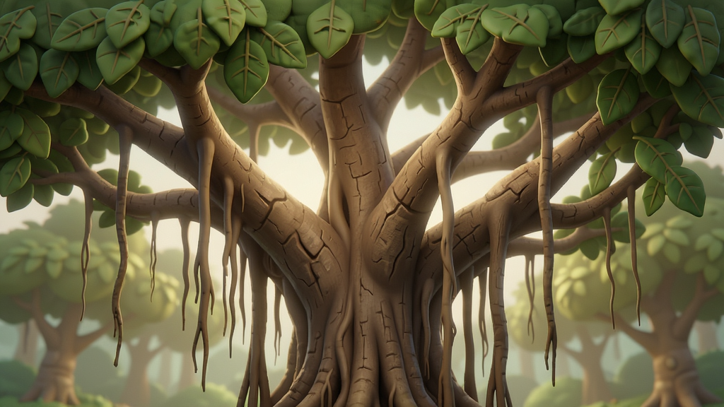һ��AI���ɵ����ֲ廭������������һ����SpeedTree�������ɵľ޴���������֦�������������䣬ҶƬ��η��������ֲ��þ��й�ͼ������Ϊ��͵Ĺ�����ģ����ɭ�ֻ��������Ϊдʵ��Ȼ��Ƽ����ںϣ�ϸ�������Ƥ��������ҶƬ��Ҷ�������ʸ��壬�ɾ����޶���Ԫ�ء�