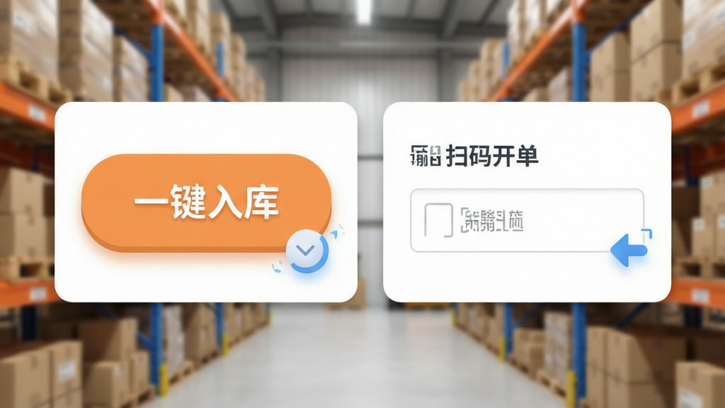 一幅展示傻瓜进销存极简操作流程的AI生图,主体是一个友好的用户界面特写,界面中有一个大大的“一键入库”按钮和一个“扫码开单”输入框,布局采用卡片式设计,排版错落有致,风格为清新明亮的扁平化UI风格,细节上按钮带有柔和的阴影和微交互反馈感,背景是虚化的仓库货架,画质高清,画面干净,无多余元素。