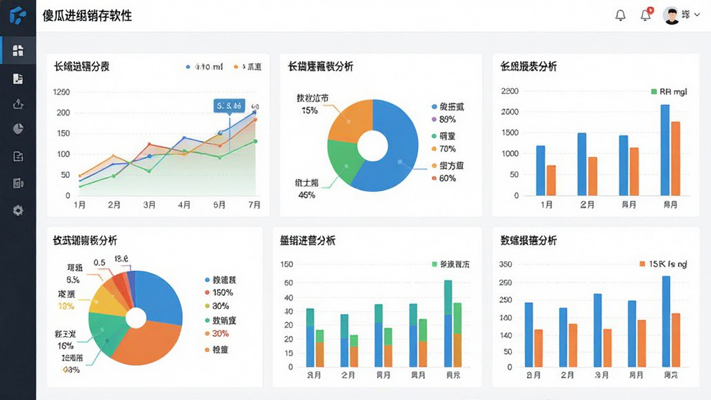 一幅展示傻瓜进销存经营报表分析功能的生图,主体是傻瓜进销存软件的数据看板界面,布局采用网格化排列,包含折线图、饼图和柱状图,排版清晰,风格为现代数据大屏风格,细节上图表颜色鲜艳,数据标签清晰可见,背景是干净的白色背景,画质高清,画面干净,无多余元素。