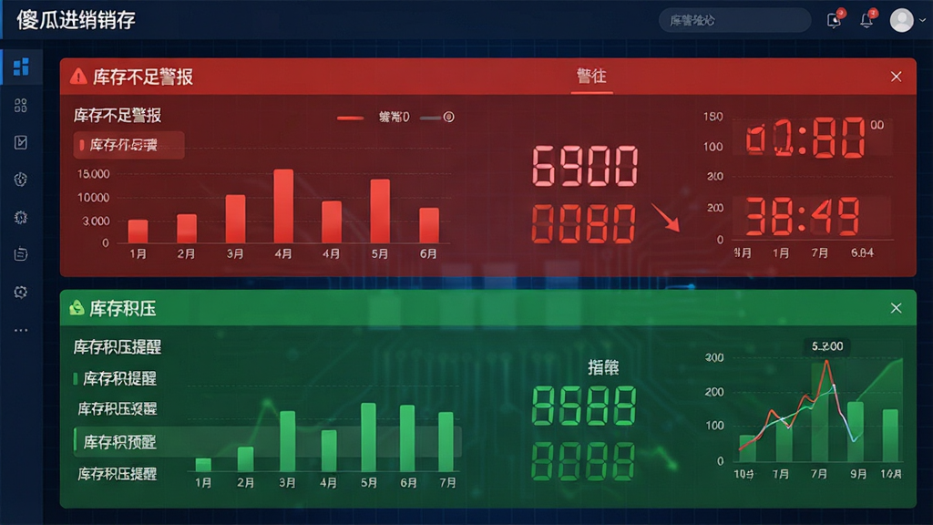一幅展示傻瓜进销存智能库存预警功能的生图,主体是傻瓜进销存软件界面的库存预警中心,布局分为上下结构,上方是红色的库存不足警报列表,下方是绿色的库存积压提醒,排版整齐,风格为科技感数据可视化风格,细节上包含条形图和数字跳动效果,背景是深邃的深蓝色数据网格,画质高清,画面干净,无多余元素。