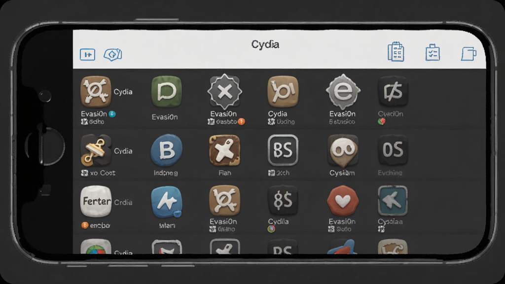 һ��չʾEvasi0nԽ����Cydia����̵�����ͼƬ���������ֻ���Ļ��ʾCydiaӦ�ý��棬�б����ж��ֲ��ͼ�������ƣ�����Ϊ���ɫ�����Ƽ��У������������ɾ��޶���Ԫ��