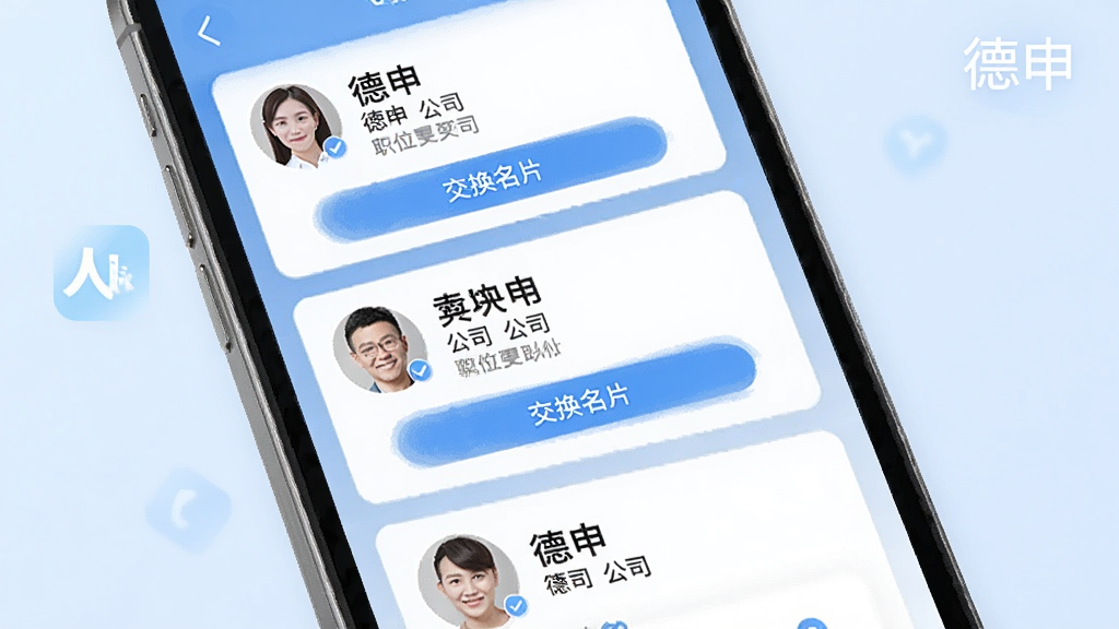 һ��չʾ����app�����Ƽ����ܵĽ����ͼ���������ֻ���Ļ����ʾ����û���Ƭ��Ƭ��ÿ�ſ�Ƭ����ͷ����������˾��ְλ�͡�������Ƭ����ť������Ϊ����ɫ���䣬�����������񣬻���������ͼƬ�д��С����ꡱ���ֱ�ʶ