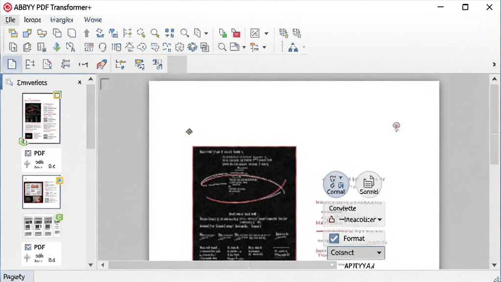 һ��չʾABBYY PDF Transformer+�����������ͼƬ����������������λ�ڻ������룬����Ϊ�Ϸ�����������ർ�������м��ĵ�Ԥ�������Ű������������Ϊ�ִ�����������ͼ���ϸ�ڰ���PDF�ļ�����ͼ��ת����ť����ʽѡ�������˵��������������ɾ����޶���Ԫ��