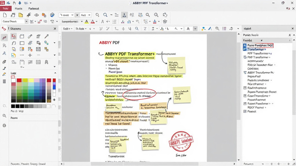 һ��չʾABBYY PDF Transformer+ PDF�༭��ע�͹��ܵ�ͼƬ������������������PDF�ĵ�����ʾ��������ǩ��ͼ�µ�ע��Ԫ�أ�����Ϊ�ĵ����С����������ƣ��Ű�ֱ�ۣ����Ϊ�칫�༭�������ϸ�ڰ���ע�͹�����塢��ɫѡ��������ע�б��������������ɾ����޶���Ԫ��