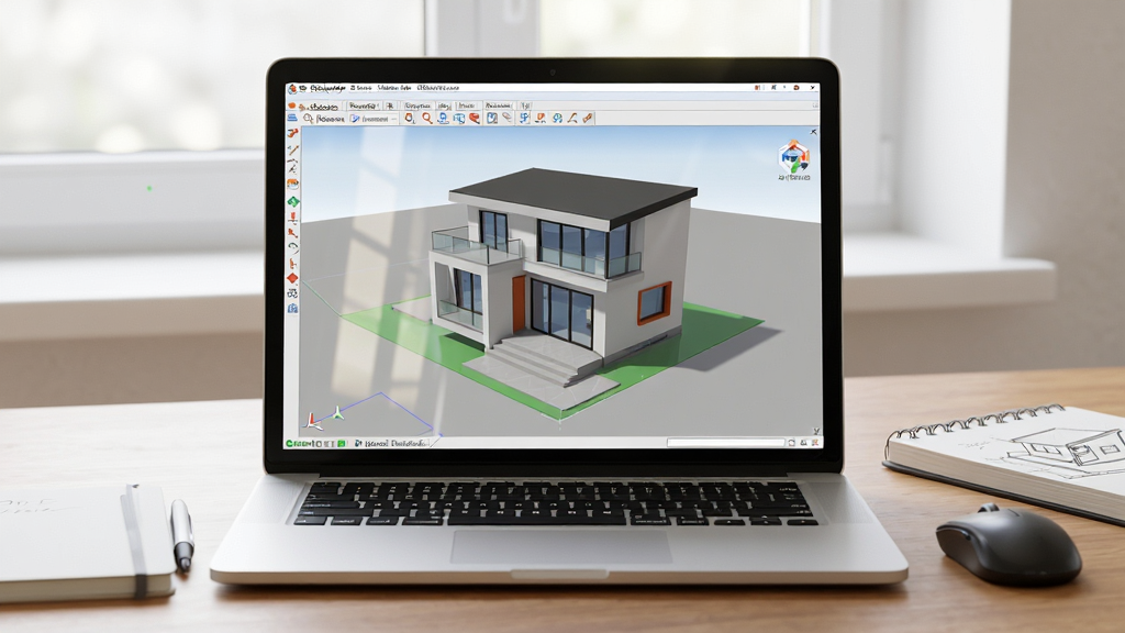 һ�ż��������������ƹ���������������һ̨�򿪵ıʼǱ����ԣ���Ļ����ʾGoogle SketchUp����ά����ģ�ͽ��棬ģ��Ϊ�ִ�����С��סլ���Ա߷���һ֧����һ����д�������ֲ��þ��й�ͼ�����Ϊ��Ļ���Ҳ�Ϊ������Ʒ�����Ϊдʵ��Ӱ�磬ϸ�ڰ�����Ļ���⡢ľ�����桢�������Ȼ�⣬���������ɾ����޶���Ԫ��