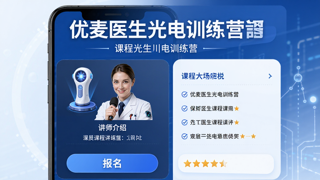 ����ҽ�����ѵ��Ӫ�γ�ҳ��ͼ������Ϊ�ֻ���Ļչʾѵ��Ӫ���飬����Ϊ�Ϸ��γ̱��⡢�в���ʦ���ܡ��·�������ť���Ű��η��������Ƽ�ҽ�Ʒ磬ϸ�ڰ�������豸ͼ�ꡢ�γ̴���б���ѧԱ�����Ǽ��������������ɾ����޶���Ԫ��