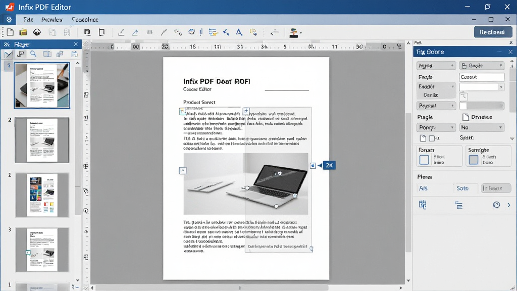 һ��չʾ Infix PDF Editor �����������ȫ��ͼ�����������Ǵ򿪵� PDF �ĵ��༭���ڣ����Ϊҳ������ͼ���������Ҳ�Ϊ�����빤����壬�����˵��������ɼ���������Ϊ�ִ���ƽ����ƣ���ɫ��Ϊ������ǳ�Ҵ��䣬�ĵ�������ʾһ���Ű�����Ĳ�Ʒ˵���飬������ͼƬԪ�ؿ�������ק������ɾ����࣬�޶���װ��Ԫ�أ����廭�ʣ�2K �ֱ��ʣ�רҵ������ͼ���