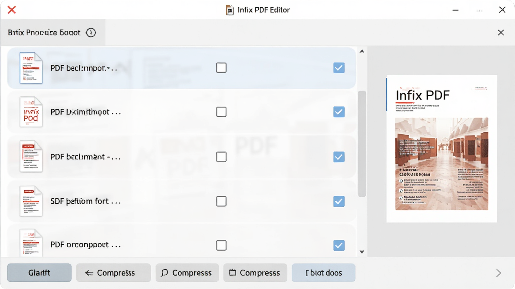 һ��չʾ Infix PDF Editor �����������ܵĽ���ͼ����������ʾ��� PDF �ļ����б���ʽ���У�ÿ���ļ����й�ѡ�򣬵ײ������������ϲ�����֡�ѹ���Ȱ�ť���Ҳ�Ԥ������ʾѡ���ļ�����ҳ����ͼ�����沼�ֹ�����ɫ����ͣ����廭�ʣ�������Ԫ��