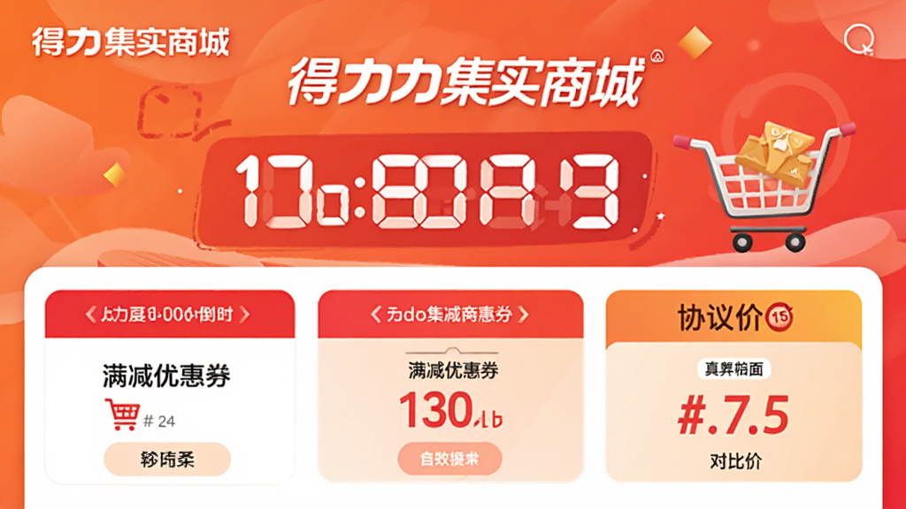 ��������Ϊ������ʵ�̳�APP�Ĵ����ҳ�棬չʾ��ʱ��ɱ����ʱ�������Ż�ȯ��Э��۱�ǩ������Ϊ�Ⱥ�ɫ���䣬ϸ�ڰ������ﳵ�ͼ۸�Ա�ͼ�꣬���Ϊ���������廭�������������޶���Ԫ�أ�ͼƬ������'������ʵ�̳�'