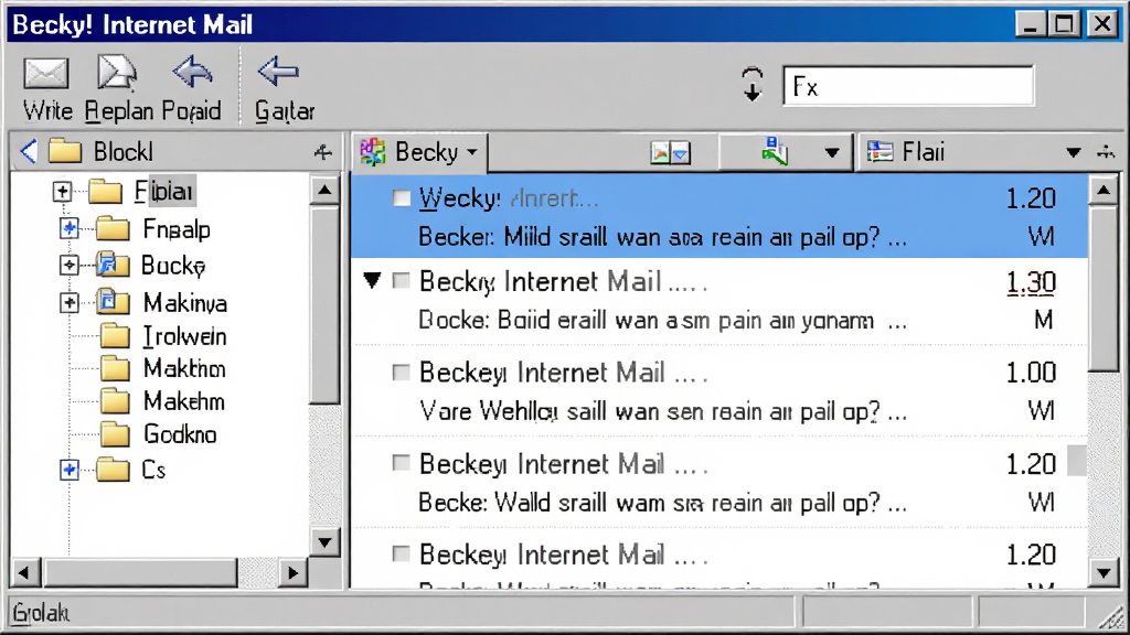 Becky! Internet Mail ����������Ԥ��ͼ����������չʾһ����ĵ����ʼ��ͻ��˴��ڣ����Ϊ��״�����ļ����б����Ҳ�Ϊ�ʼ��б����Ķ����񣬶���������������д�š��ظ���ת����ͼ�꣬���岼�ָɾ����࣬���þ���Windows�������ǳ��ɫ����������ɫ����ѡ����������������ɱ棬���ʸɾ����޶���Ԫ��