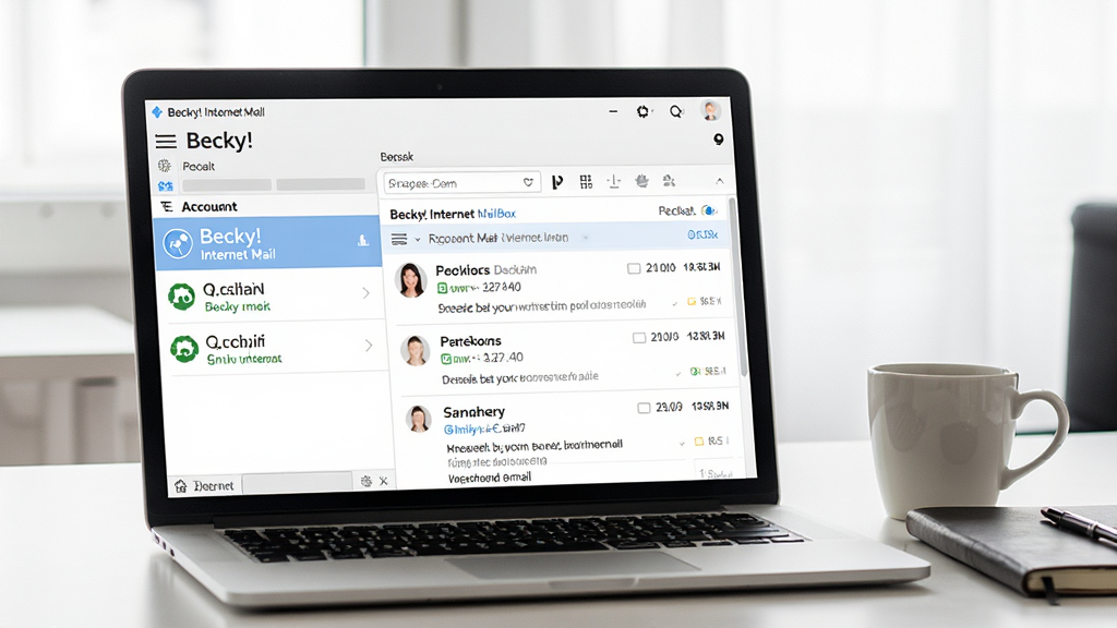 Becky! Internet Mail ���˻���������չʾͼ��������һ̨�ʼǱ�������Ļ����ʾBecky! Internet Mail�������棬����˻��б������г�������ͬ�����˻����Ҳ���ʾ��Ӧ�ռ������ݣ���Ļ�Է���һ�����ȱ���ʼǱ��������������࣬������ͣ����ʸɾ����޶���Ԫ��