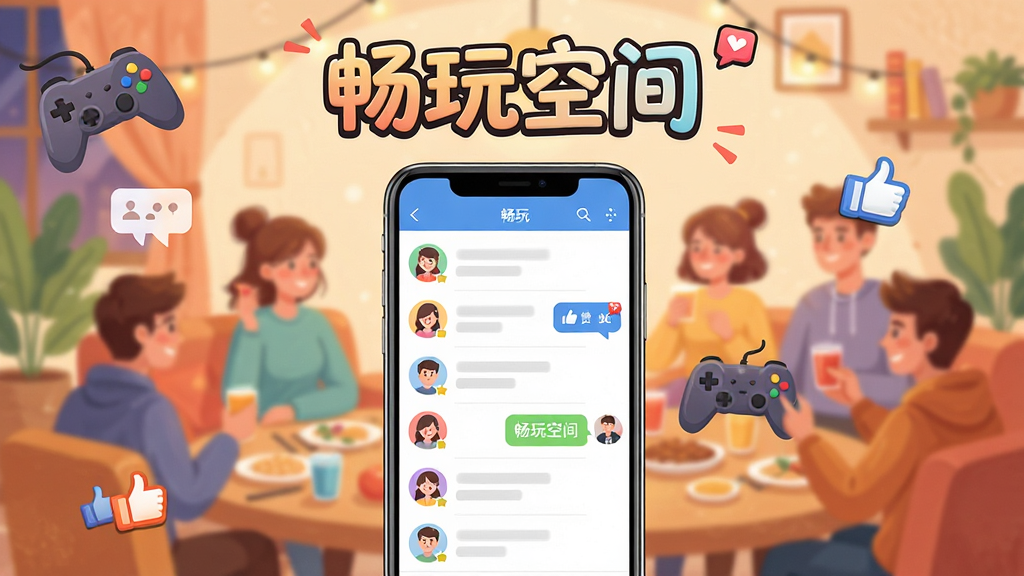 ����ռ��罻�������棬����չʾ�ֻ���Ļ�к����б������촰�ڣ�����Ϊ��ܰ�ľۻ᳡���廭���������ơ�����ռ䡱��������������ڶ��������־��У����������죬ϸ�ڰ�����Ϸ�ֱ����Ի����ݡ�����ͼ�꣬���ʸ��壬�ɾ��޶���Ԫ��
