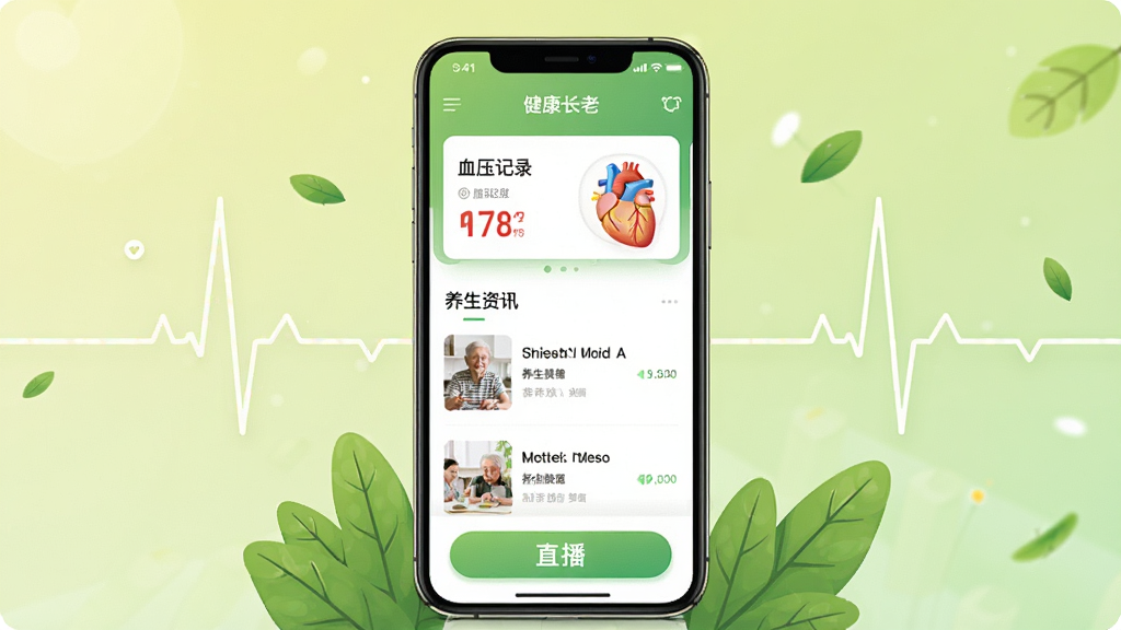 ��������APP������չʾ������������һ�������ֻ�����Ļ��ʾ��������Ӧ����ҳ������Ѫѹ��¼��Ƭ��������Ѷ�б���ֱ����ڰ�ť������Ϊ��ܰ��ǳ��ɫ���䣬��Χ��׺�ĵ�ͼ��������ҶԪ�أ������������죬�����������ɾ��޶���Ԫ�ء�