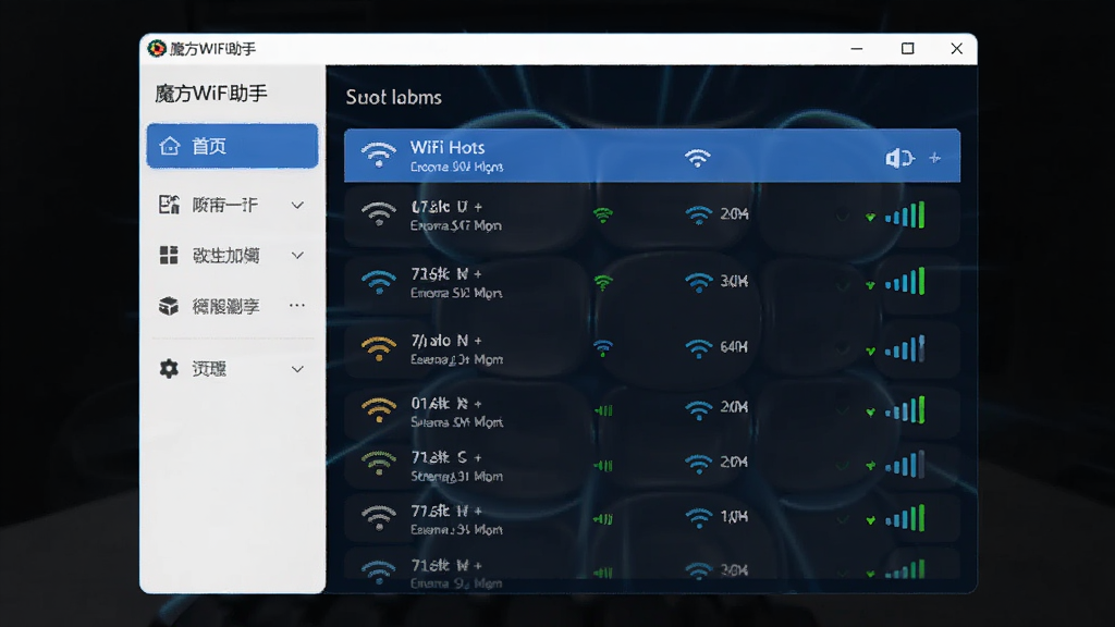һ��չʾħ��WiFi���������������ͼƬ�������������������ڣ���������ʾ���ܱ�WiFi�ȵ��б����ź�ǿ��ͼ�꣬��������й��ܵ����������岼��������������ִ����Ƽ���ʮ�㣬���ʸɾ����޶���Ԫ�ء�