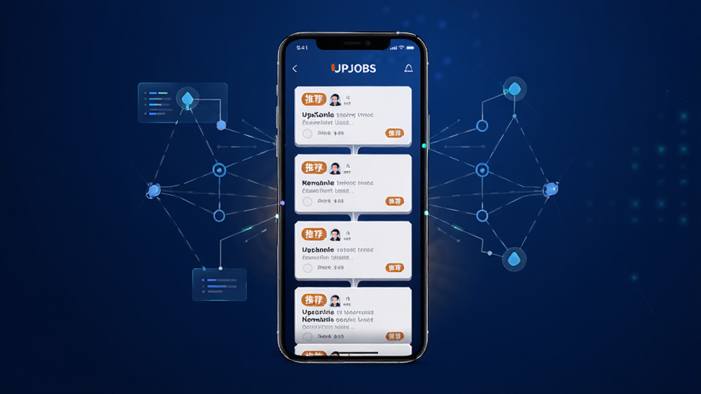 һ��չʾUPJOBS�����Ƽ����ܵ�AI��ͼ������������һ���ֻ�����Ļ�г��ֶ��ְλ��Ƭ���ٲ�����ʽ���У���Ƭ�ϱ�ע���Ƽ�����ǩ����Χ�г�����㷨���������ݽڵ����ӣ����Ƽ���ʮ�㣬ϸ�ھ��£���������������Ϊ����ɫ���䣬�ɾ��޶���Ԫ��