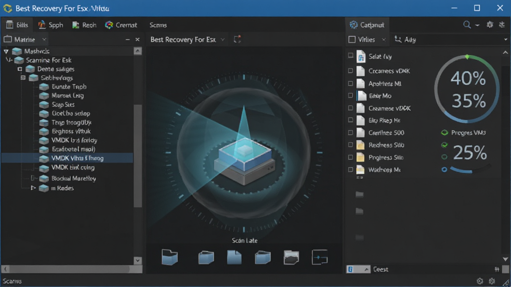 һ��չʾ Best Recovery For Esx ���ɨ�� VMDK ������̵�ʾ��ͼ������Ϊ����ɨ����棬����Ϊ�����������м�ɨ�趯�����Ҳ��ļ��б����Ű�Ϊ����ʽ�����Ϊ�Ƽ��й��߽��棬ϸ�ڰ���ɨ��������ļ�ͼ�ꡢ���Ȱٷֱȣ����ʸ��壬�ɾ����޶���Ԫ��