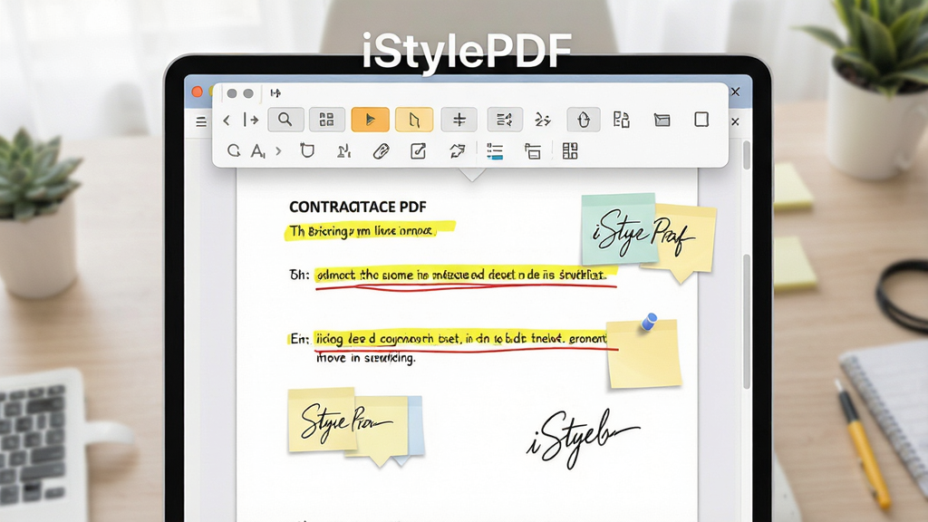 iStylePDF�ĵ���ע����ʾ��ͼ������Ϊһ�ݴ򿪵�PDF��ͬ�ĵ�������Ϊ����չʾ���Ű�������ע�������������ĵ��Ϸ������Ϊ���°칫�磬ϸ�������ָ�����ɫ��ǡ���ɫ�»��ߡ���ǩ���ݡ���дǩ���ʼ���Ԫ�أ����������ֱ�ע��iStylePDF�������ʸ��壬����ɾ����޶���Ԫ��