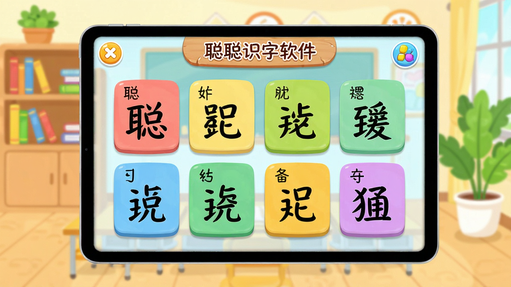 �ϴ�ʶ�����������棬��������չʾһ����ͨ���Ķ�ͯʶ��Ӧ�ý��棬�����������Ŵ���ƴ���ͺ��ֵĲ�ɫ��Ƭ�������������Ľ��ҳ���������ܺ���ֲ����������ÿɰ���ɫ��������ͣ�����ɾ����࣬���廭�ʣ��޶���Ԫ��