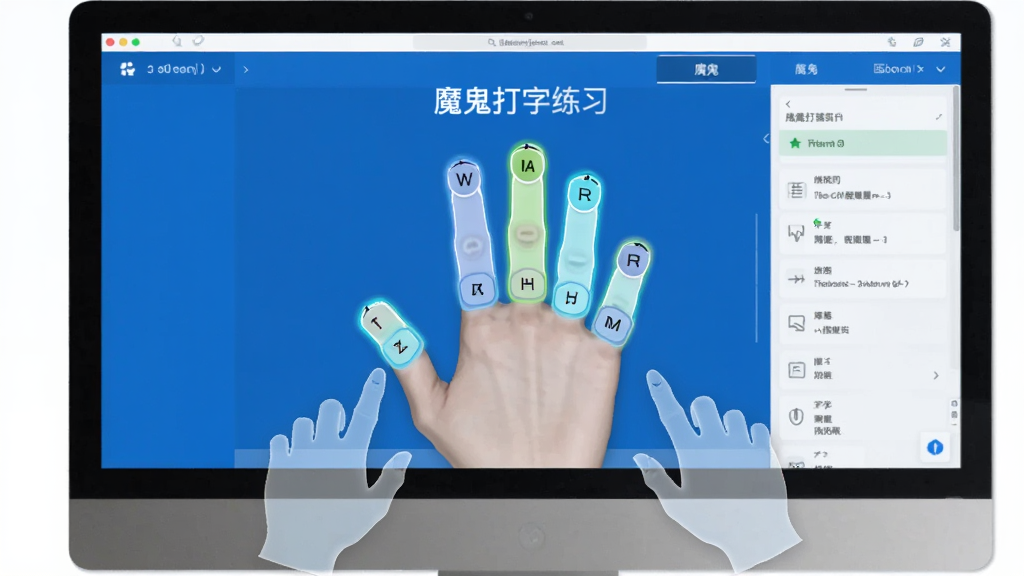 一张展示魔鬼打字智能指法引导功能的图片,画面主体是电脑屏幕上的魔鬼打字练习界面,屏幕中央有醒目的手指键位高亮提示,下方有半透明手型动画指引,界面采用蓝色与白色配色,风格简洁科技感,画质清晰,干净,无多余元素