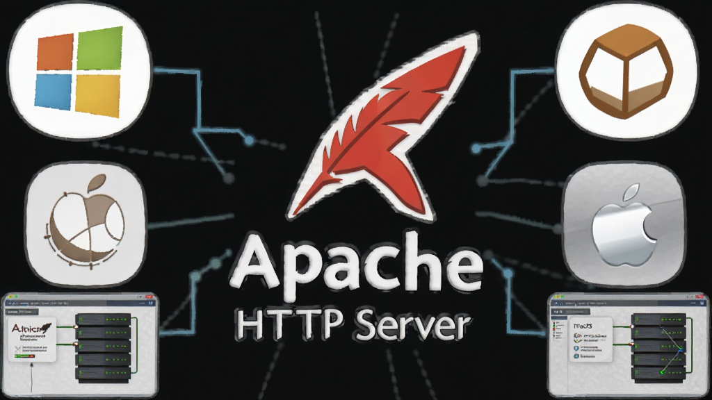 һ��չʾApache��ƽ̨�����Ĳ廭�������С�Apache HTTP Server��Logoλ�����ģ����ֱܷ���Windows��Linux��macOS����ϵͳ��ͼ�껷�ƣ�ÿ��ͼ���·��ж�Ӧ�ķ��������н�������ͼ�����־��⣬����ƽ���Ƽ��磬ϸ�ڰ�����ë��־�����������ߣ������������޶���Ԫ��