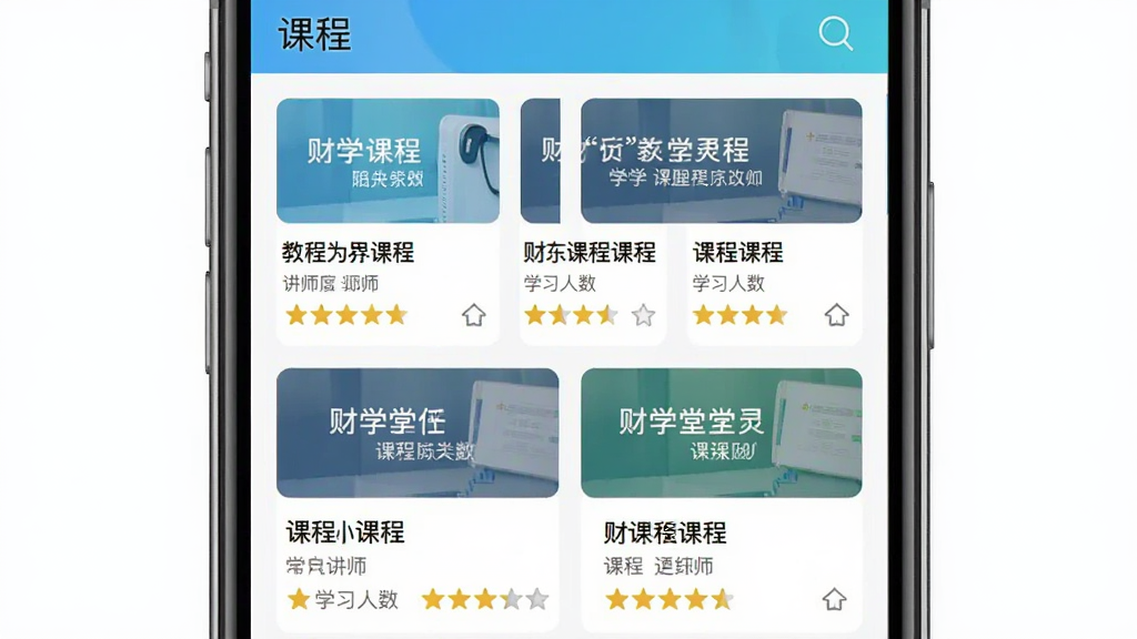 һ��չʾ��ѧ��App�γ��б�ҳ���ͼƬ������Ϊ�ֻ���Ļ��ʾ�ḻ�Ŀγ̷��࣬����Ϊ����״���еĿγ̿�Ƭ���Ű����룬���Ϊ���½����磬ϸ�ڰ����γ̱��⡢��ʦ���ơ�ѧϰ�����������Ǽ������ʸ��壬�ɾ����޶���Ԫ�ء�