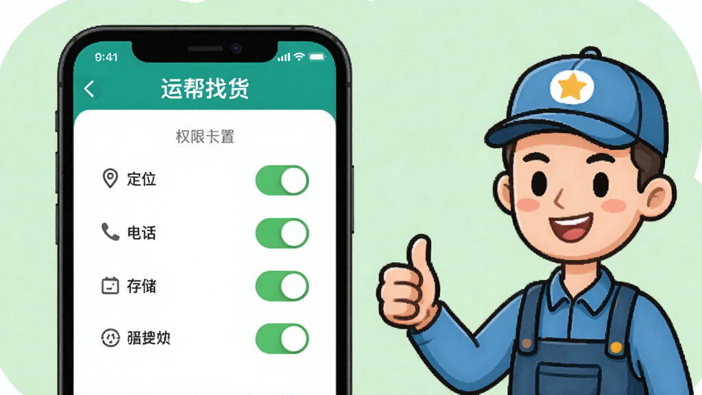 �˰��һ�����ʹ��ָ��ʾ��ͼ��������һ���ֻ���Ļ��ʾ�˰��һ�APP��Ȩ������ҳ�棬ҳ�����ж�λ���绰���洢��Ȩ�޿��أ��ֻ��Ա���һ����ͨ˾����������Ĵָ������Ϊǳ��ɫ���·�񣬻����������ɾ��޶���Ԫ��