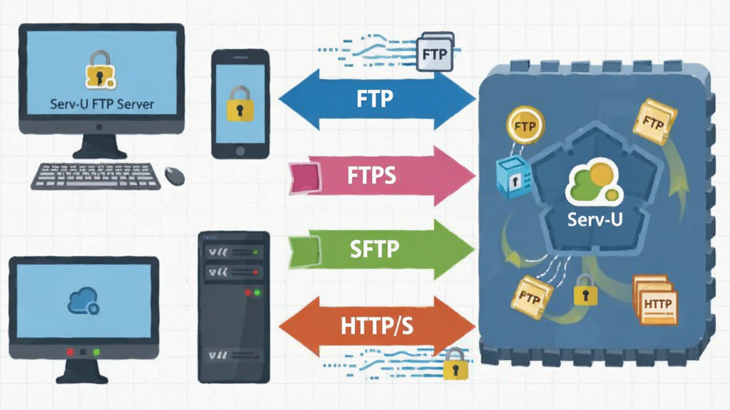 一张展示 Serv-U FTP Server 多协议连接示意图的图片,画面左侧是电脑、手机、服务器等不同设备图标,右侧是 Serv-U 的协议转换核心模块,中间用带有“FTP”“FTPS”“SFTP”“HTTP/S”字样的彩色箭头连接,风格为扁平化科技插画,背景为浅灰色网格,细节包含加密锁图标和数据包流动轨迹,画质清晰,干净,无多余元素