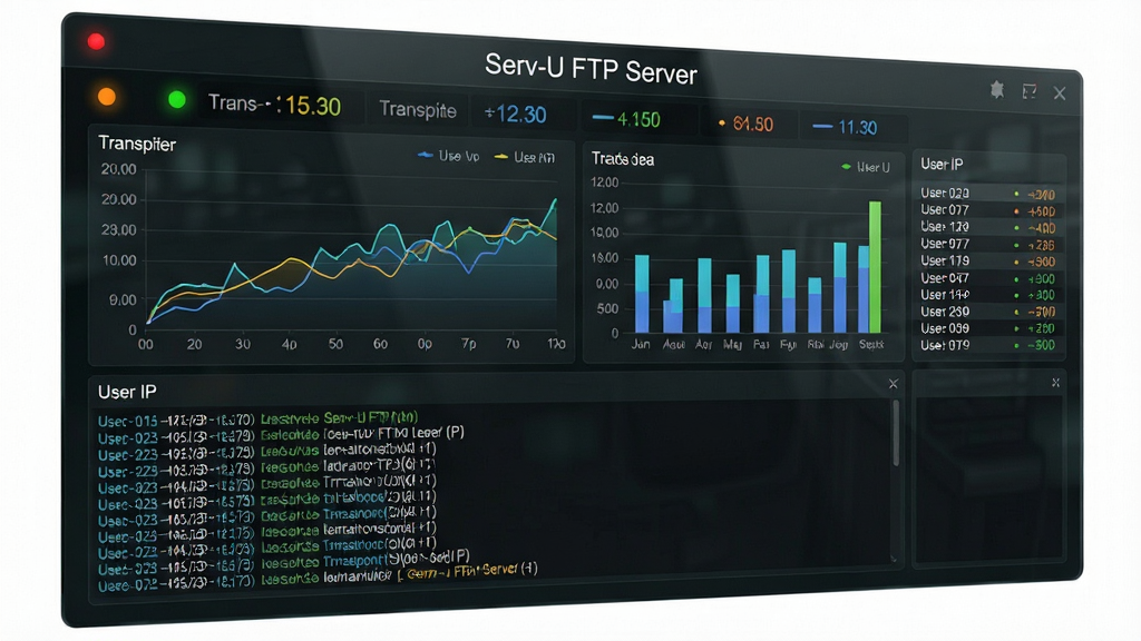 一张展示 Serv-U FTP Server 实时监控仪表盘的图片,画面中是一个充满动态数据流的仪表盘界面,包含折线图、柱状图和滚动日志窗口,图表上方有“Serv-U FTP Server”标题,风格为数据可视化大屏风格,背景为深色半透明玻璃质感,细节包含闪烁的状态灯、传输速率数字和用户IP列表,画质清晰,干净,无多余元素