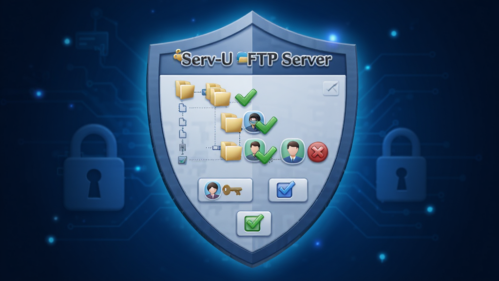 一张展示 Serv-U FTP Server 权限管理界面的图片,画面中心是一个带有“Serv-U FTP Server”标志的盾牌图标,盾牌表面浮现出目录树和用户头像,每个用户头像旁边有绿色对勾和红色叉号表示权限允许与拒绝,风格为立体图标设计,背景为深蓝色科技光晕,细节包含锁孔、钥匙和权限勾选框,画质清晰,干净,无多余元素
