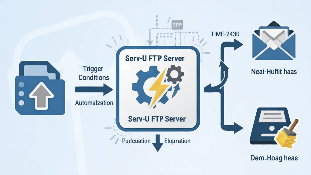 一张展示 Serv-U FTP Server 自动化任务流程的图片,画面左侧是一个文件上传图标,中间经过带有齿轮和闪电标志的“Serv-U FTP Server”处理核心,右侧分出邮件通知图标和磁盘清理图标,风格为流程示意图,背景为浅蓝色渐变,细节包含箭头流向、触发条件和时间戳,画质清晰,干净,无多余元素