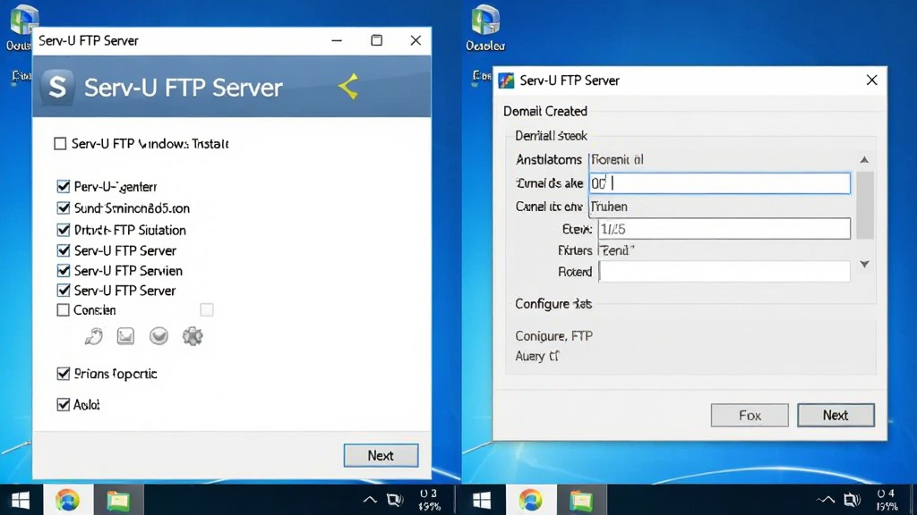 一张展示 Serv-U FTP Server 在 Windows 电脑上安装配置步骤的截图拼图,画面分为左右两部分,左侧是安装向导界面,右侧是域创建对话框,界面中带有“Serv-U FTP Server”标题,风格为软件操作截图,背景为干净的白色桌面,细节包含勾选框、输入框和下一步按钮,画质清晰,干净,无多余元素