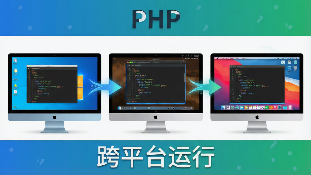 һ��չʾPHP��ƽ̨���Ե�AI��ͼ�����壺�������ŵĵ�����Ļ���ֱ���ʾWindows��Linux��macOS���滷����ÿ����Ļ���붼������ͬһ��PHP�����ļ������֣������������У��м��ü�ͷ���ӱ�ʾ��ͨ���Ű棺����д