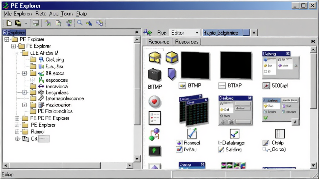 һ��չʾPE Explorer�����������ͼƬ������������PE Explorer�������ڣ������ʾPE�ļ��ṹ��״Ŀ¼���Ҳ�չʾ��Դ�༭����壬����ͼ�ꡢλͼ���Ի������ԴԤ����������Ϊ����WindowsӦ�ó�����ʽ������ɫ����ǳ�Һ���ɫΪ���������ɾ����࣬�����������޶���Ԫ�أ�ͼƬ���������ݰ�����PE Explorer������