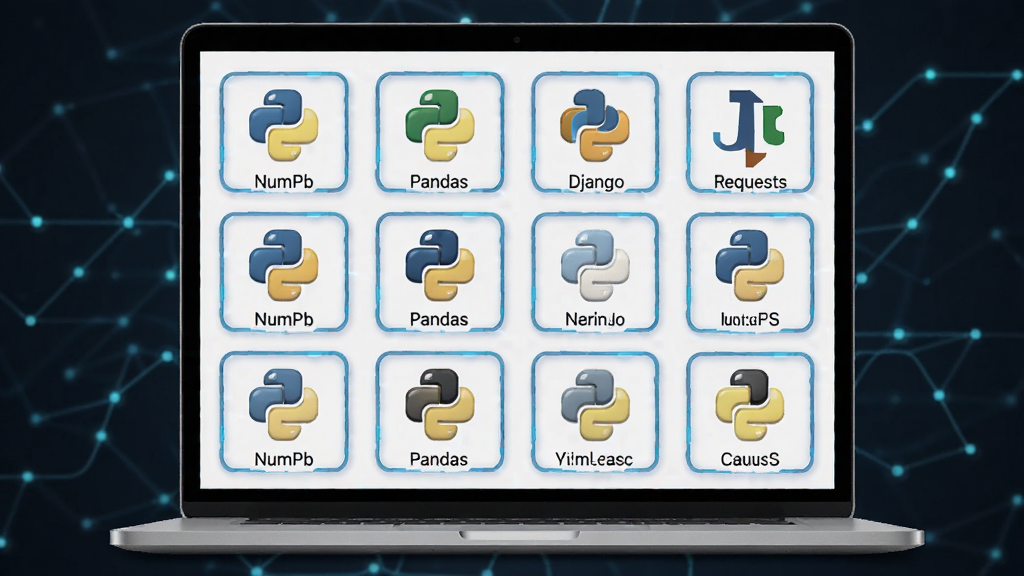 һ��չʾ ActivePython Ԥ�÷ḻ��������� AI ��ͼ������������һ̨�򿪵ıʼǱ����ԣ���Ļ����ʾ���������е� Python ��ͼ������ƣ��� NumPy��Pandas��Django��Requests �ȣ�����Ϊ��Ļ��д���У����Ϊ���Ƽ��磬ϸ�ڰ��������Ŀ��������ֺ���ɫ����߿򣬻��ʸ���ɾ����޶���Ԫ��